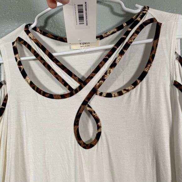 White Cheetah Print Medium Strappy Cut Out Top Cold Shoulder Short Sleeve - Picture 3 of 9